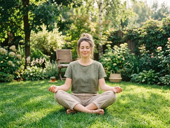 Grounding earthing self-care routine in a peaceful outdoor setting