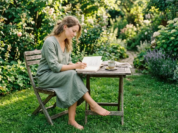 Woman journaling outdoors while practicing grounding