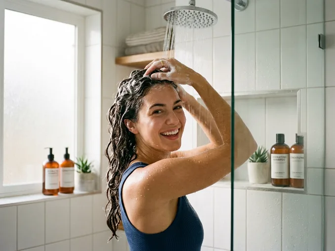 Woman using hydrating shampoo for dry winter hair
