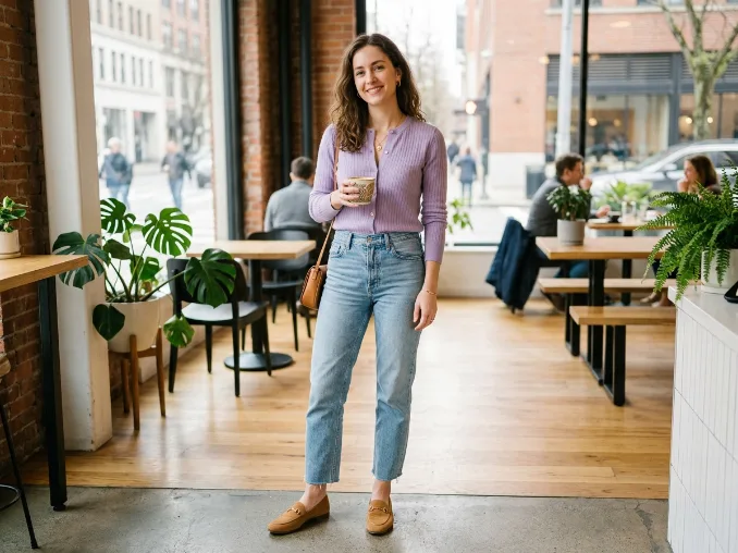 Icy blue denim with a lavender cardigan for a Spring Summer pastel outfit
