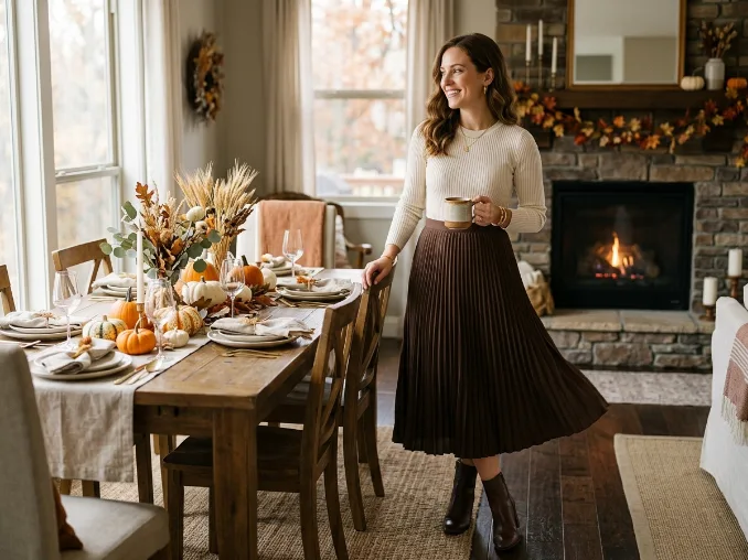 Knit top with pleated midi skirt Thanksgiving outfit