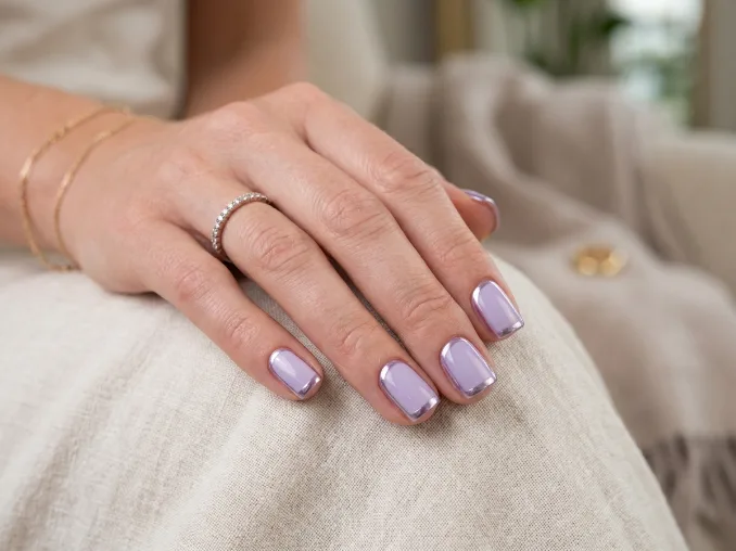 Sardine nail shape trend with lavender chrome edges on short square nails