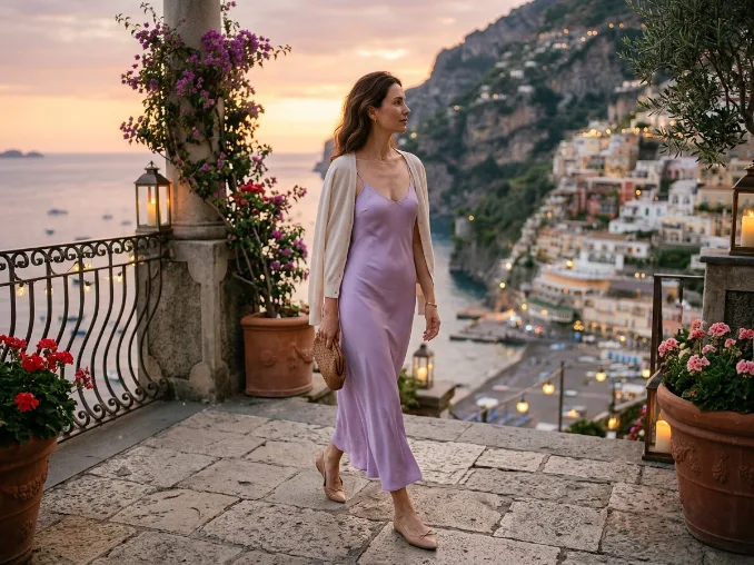 Lavender slip dress with nude ballet flats for a pastel summer outfit