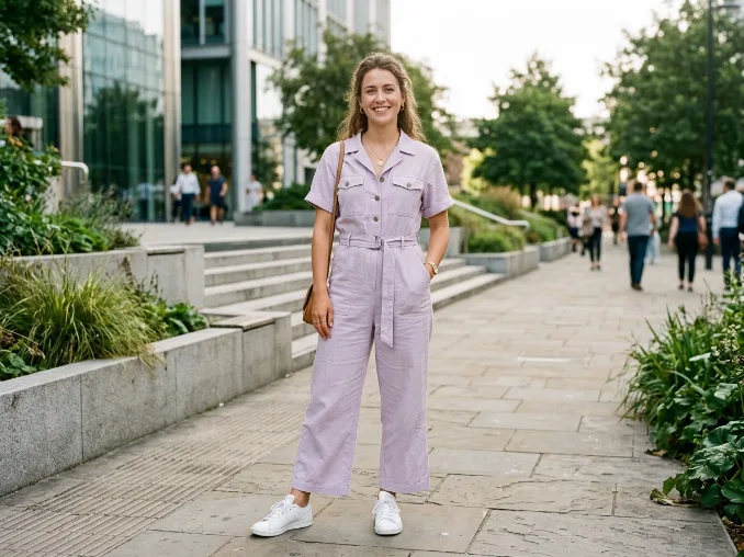 Spring/Summer 2026 pastel outfit ideas featuring a lilac wide-leg jumpsuit with a belted waist