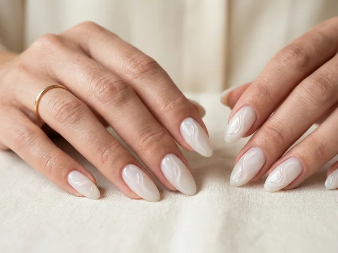 Beautiful milky white nails with raised sculptural wave details