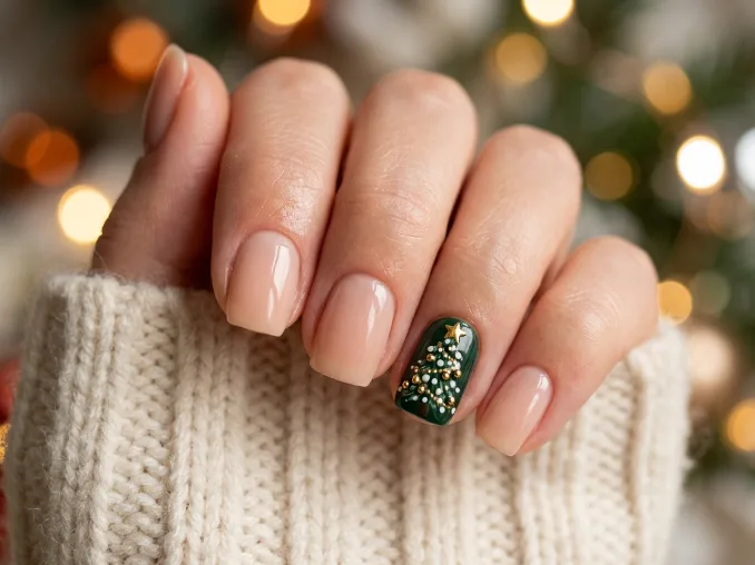 Beautiful Christmas nail designs showing a mini Christmas tree nail