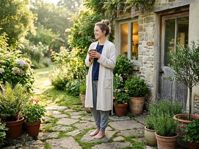 Woman practicing a morning grounding / earthing self-care routine with coffee outdoors