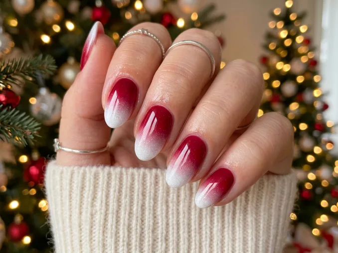 Red to white ombre Christmas nail design