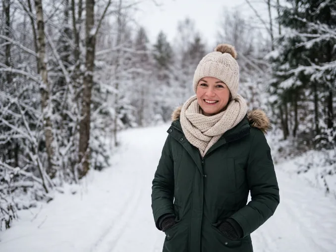 Woman protecting her hair from cold winter weather