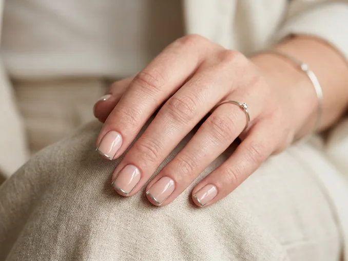 Short square sardine nails with silverline micro-French tips
