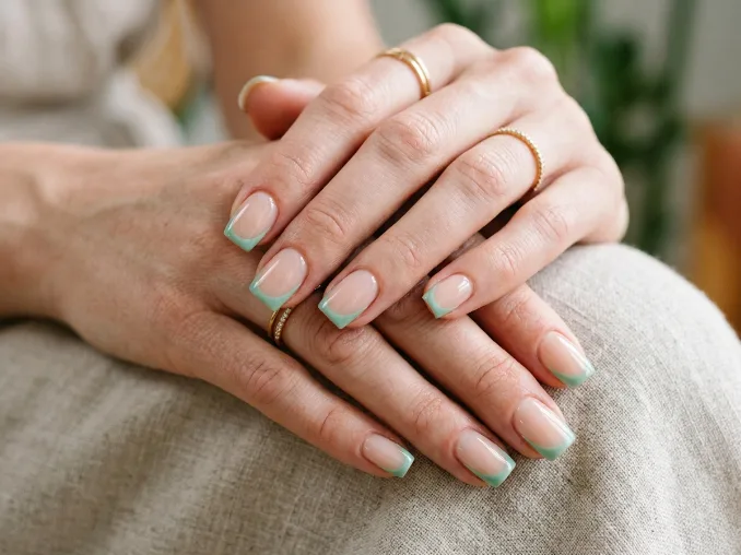 Short square sardine nails with seafoam green negative space