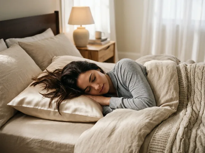 Woman sleeping on a silk pillowcase for smoother hair