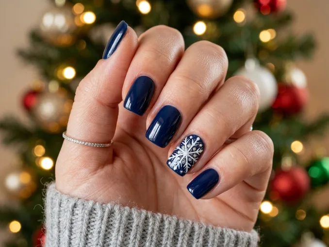 White snowflake accent Christmas nail design