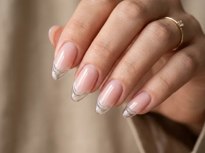 Beautiful soft pink sculptural French nails with raised tips