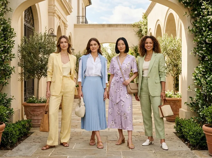 Spring Summer 2026 pastel outfit ideas featuring soft blue, butter yellow, lavender, and mint looks