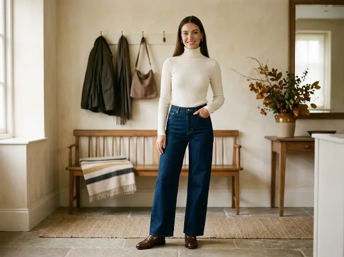Turtleneck with wide-leg jeans for a casual Thanksgiving outfit