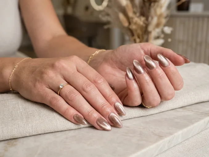Elegant velvet nails with glowing magnetic shimmer